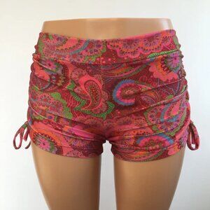Red Pink Paisley Hot Yoga Short Swim- Skinny Waistband Short- Made in USA NEW